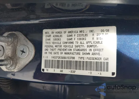2008 Honda Accord 2.4 Lx from USA, damaged, VIN 1HGCP26348A153798